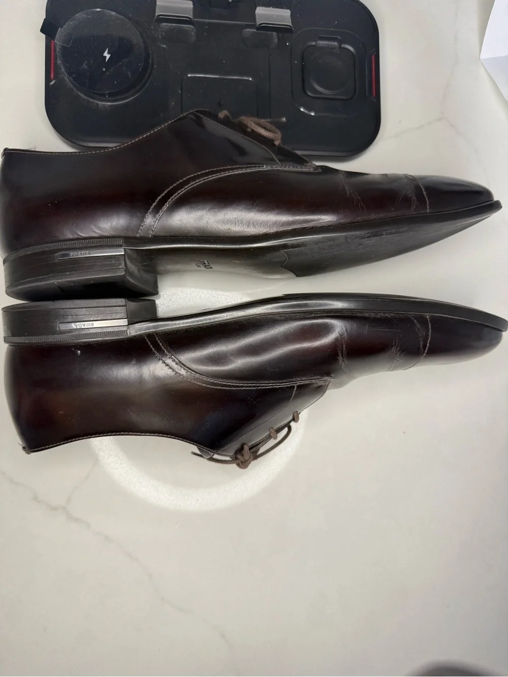 Authentic Prada Men’s Burgundy Spazzolato Leather  Derby Dress Shoes US 10.5